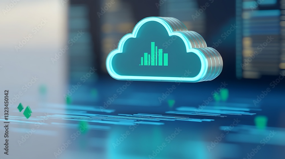 Poster modern digital cloud computing concept with data visualization and analytical metrics representation
