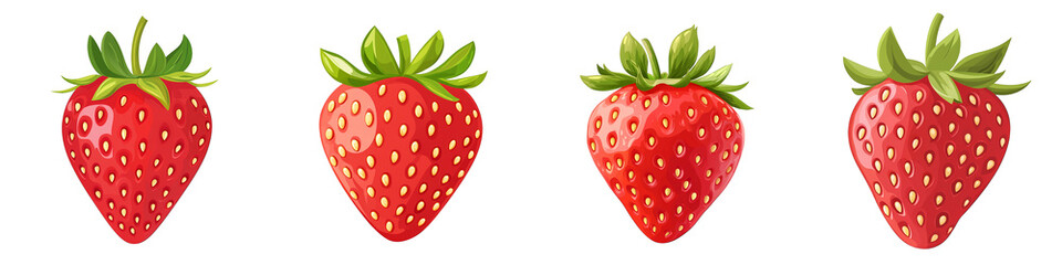 Obraz premium Four vibrant strawberries with green leaves illustrated on transparent background