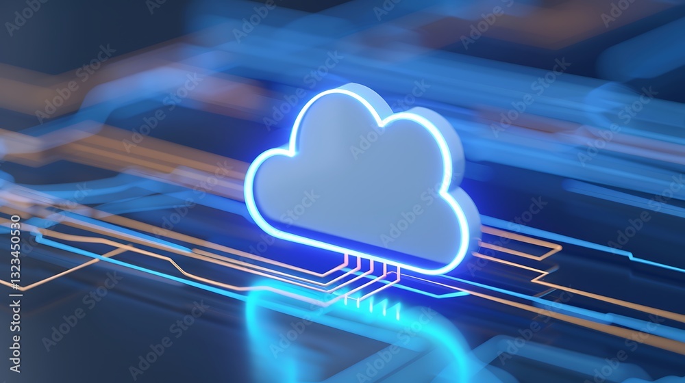 Poster modern digital cloud icon on high-tech circuit board background with glowing elements