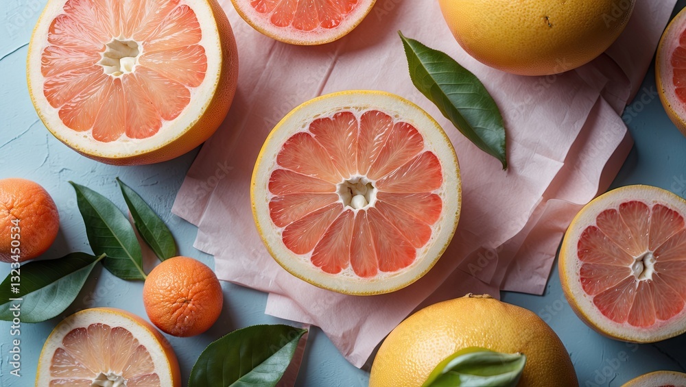Poster pastel backdrop featuring halved grapefruit and whole grapefruits arranged with green leaves on a so