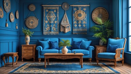 Elegant blue living room with wooden furniture featuring a blue sofa and armchair, decorative wall hangings, leafy plants, and a stylish area rug.