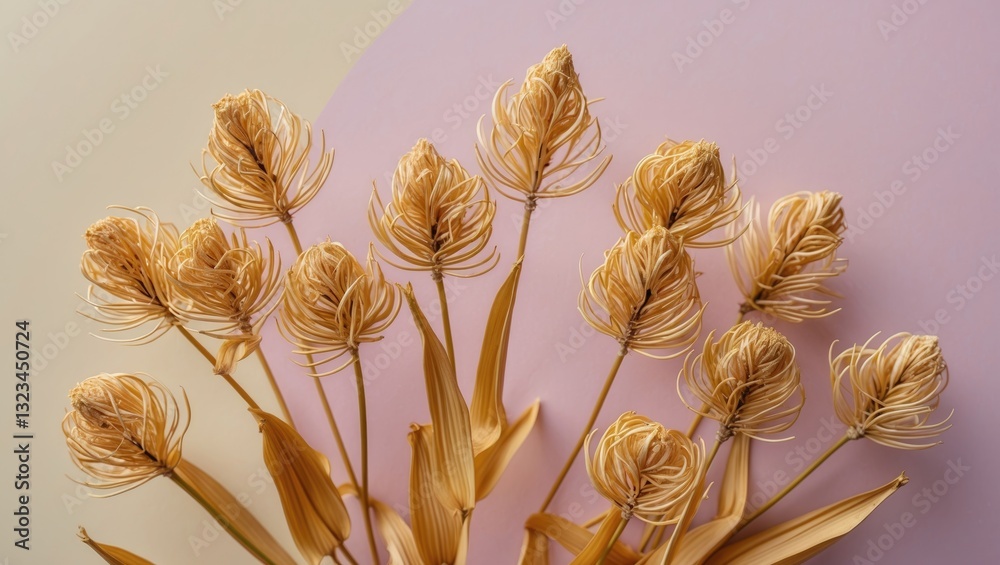 Poster dried golden lily blossoms arranged creatively against a soft lavender and pale green backdrop creat
