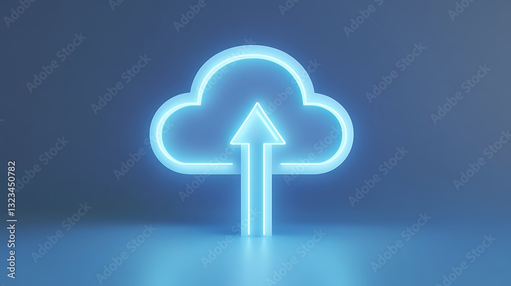 Poster neon cloud icon with up arrow symbolizing data upload, technology and cloud computing concept
