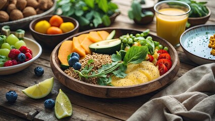 Vibrant wooden table featuring a round wooden platter filled with fresh fruits and greens alongside bowls of colorful berries and juice, soft lighting.