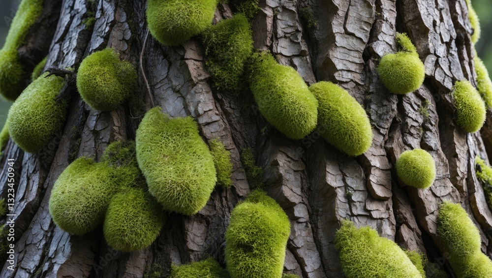 Poster mossy tree bark texture featuring vibrant green moss clusters on a rugged brown bark background with