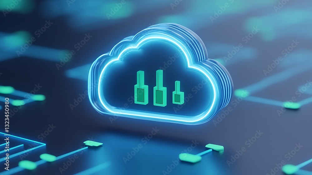 Poster neon cloud storage icon with data graphs on a modern digital background symbolizing data management 