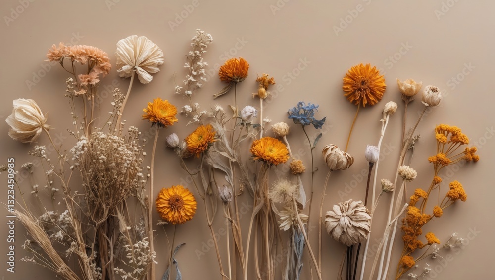 Leinwandbilder dried flowers in various shades of orange and cream arranged on a soft beige backdrop creating a ser