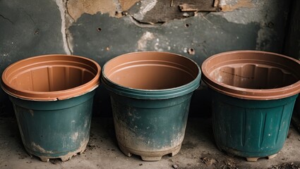 Fototapeta premium Vacant plastic flower pots in green and terracotta colors positioned in a row against a distressed wall with visible textures and imperfections.