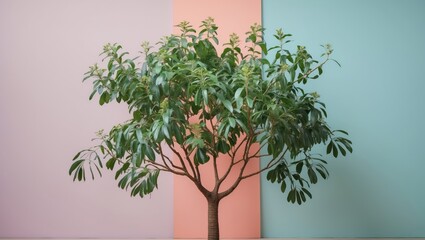 Obraz premium Lush Calathea Ornata tree in full front view with vibrant green leaves placed before soft pastel pink and teal background for design versatility.