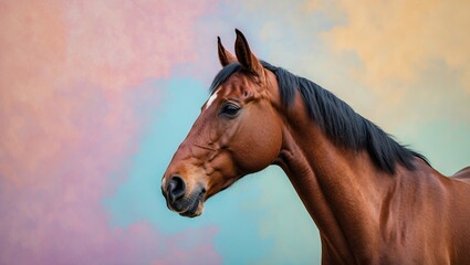 Obraz premium Brown horse profile against a soft pastel multicolor background featuring pink, blue, and lavender hues, highlighting its natural grace.