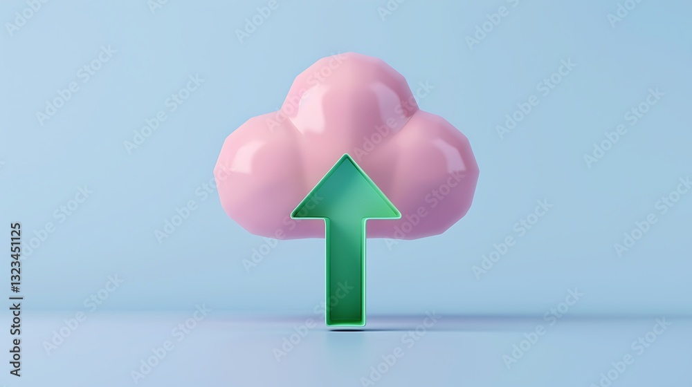 Poster pink cloud with green arrow symbolizing data upload in modern digital concept with soft background