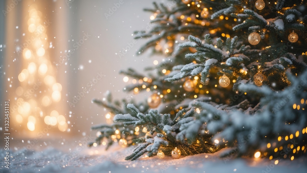 Poster Closeup of a snow-covered Christmas tree adorned with warm glowing lights and delicate ornaments on a soft blurred background with soft glow