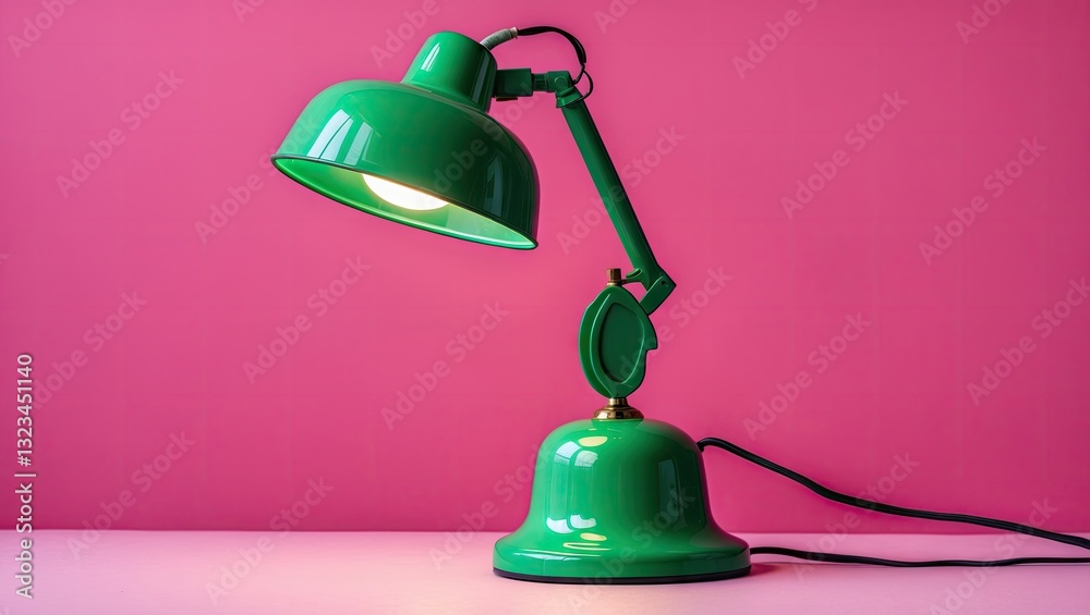Poster green vintage desk lamp positioned at an angle on a bright pink backdrop illuminating the work surfa