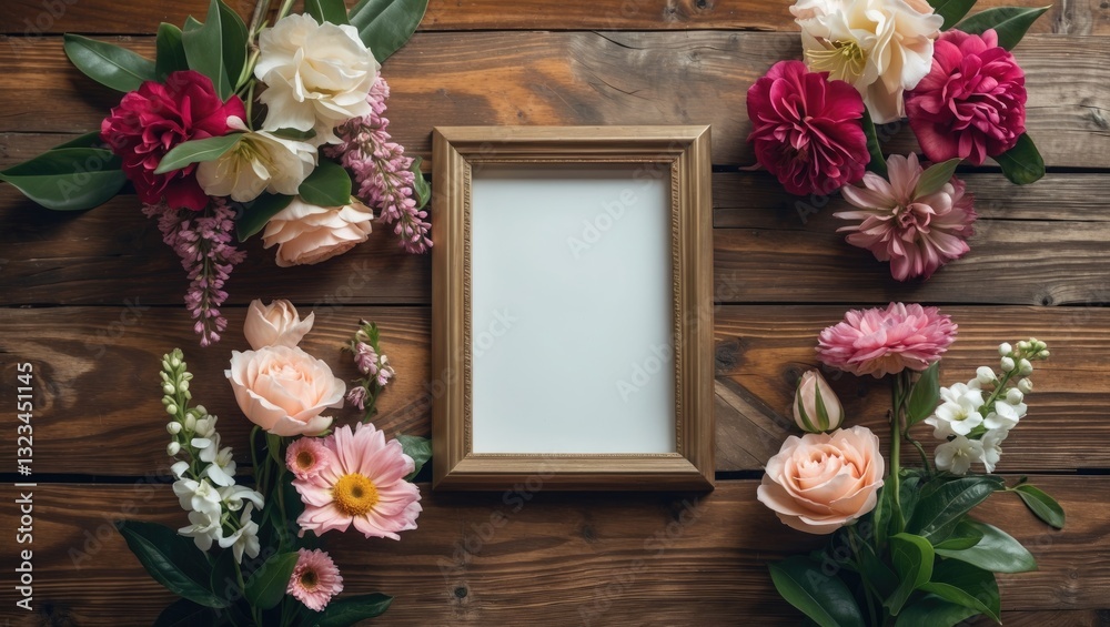 Poster wooden table with an empty photo frame at center, surrounded by colorful flowers including pink and 