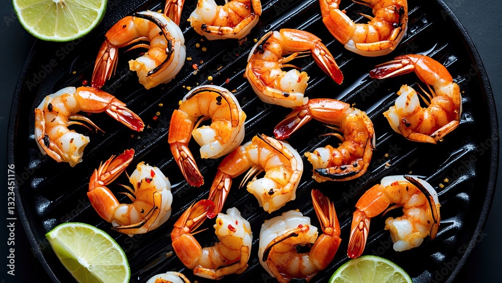 Poster Grilled tiger shrimp arranged in a grid pattern on a black grill pan with lime wedges placed at the corners, overhead shot with space for text.