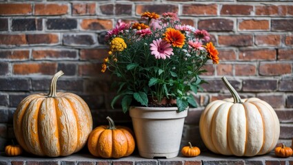 Colorful autumn flowers in a white flowerpot beside textured orange and cream pumpkins against a rustic red brick wall background.