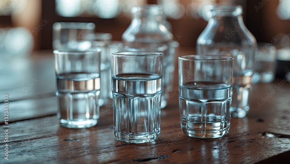 Poster Glasses of clear water on a rustic wooden table in a blurred background with shallow depth of field and cool blue tones.