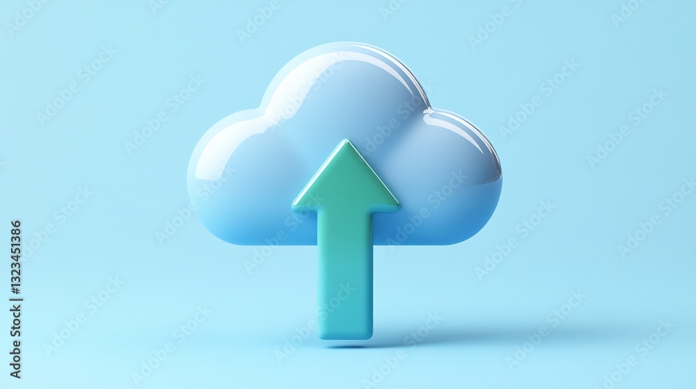 Poster stylish 3d cloud icon with green arrow representing data uploading in a soft blue background