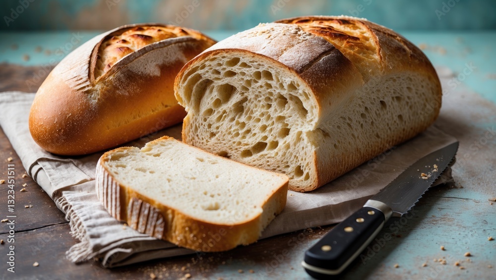 Poster freshly baked bread loaves with a sliced piece on a textured table with a cutting knife, featuring w