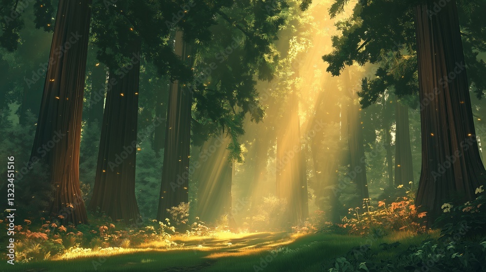 Poster a mystical glowing forest path leading to an unknown destination