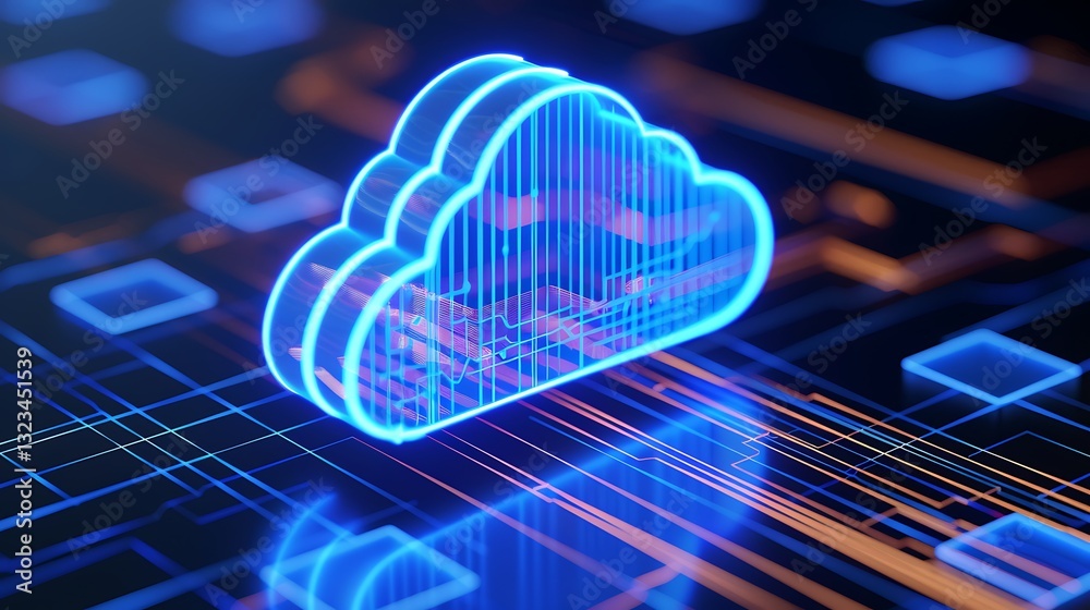 Poster futuristic digital cloud with neon lines and circuit patterns on abstract technology background