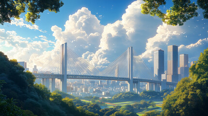 Fototapeta premium cityscape view of a modern cablestayed bridge under a vibrant blue sky filled with fluffy white clouds
