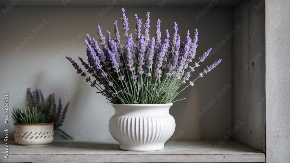 Poster lavender flowers in a white ribbed pot on a wooden shelf with a smaller pot in the background creati