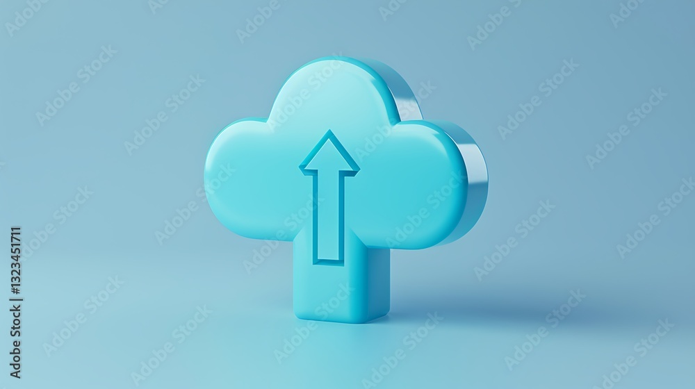 Poster three-dimensional blue cloud icon with arrow symbolizing data upload on soft blue background