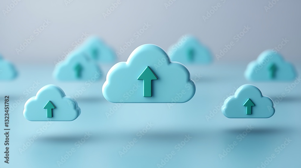 Poster three dimensional cloud icons with upward arrows representing data storage and cloud computing techn