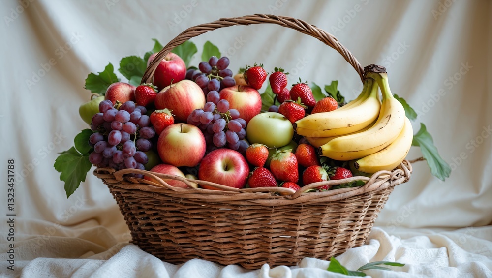 Poster Colorful assortment of apples grapes strawberries and bananas in a wicker basket against a soft neutral background with ample copy space.