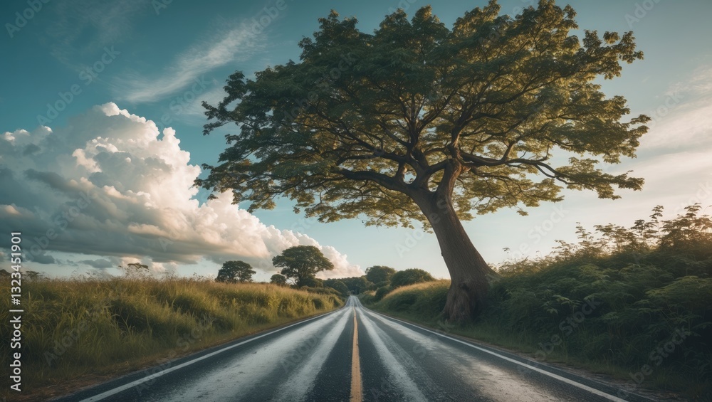 Leinwandbilder road leading to a large green tree under a blue sky with fluffy clouds. lush grass on both sides. cl