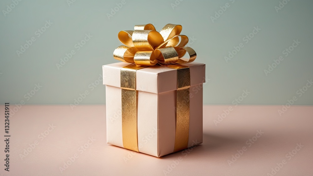 Aufkleber elegant white gift box adorned with a shimmering gold bow, set against a soft pastel green backgroun