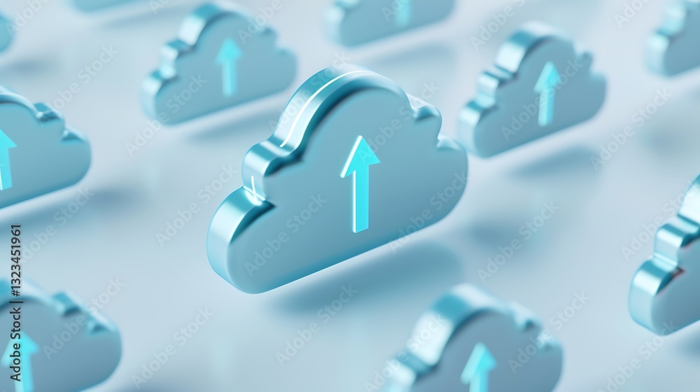 Poster three-dimensional cloud icons with upward arrows representing data upload and cloud computing concep
