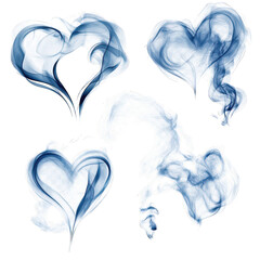 Collection of heart-shaped blue smoke plumes, isolated on transparent background