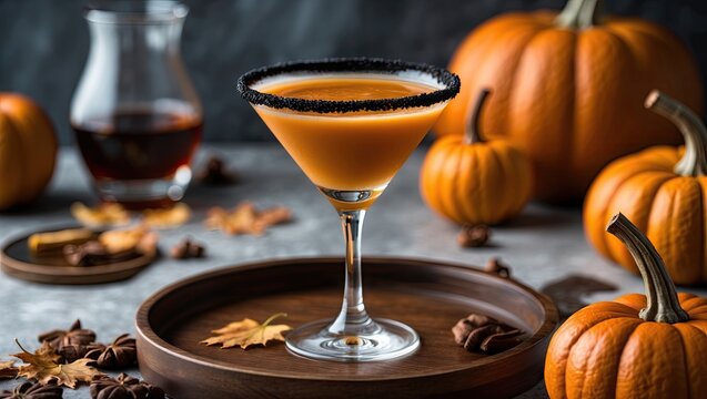 Autumn cocktail featuring a pumpkintini in a clear glass with a black rim on a wooden tray surrounded by small pumpkins and autumn leaves.