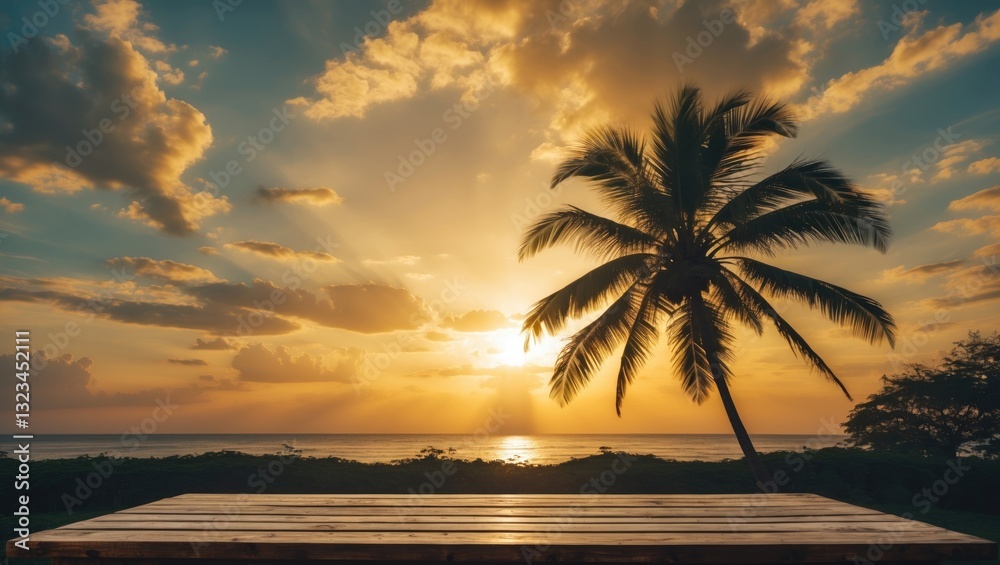 Fototapete golden sunset sky with rays illuminating a palm tree silhouette above an empty wooden table in the f