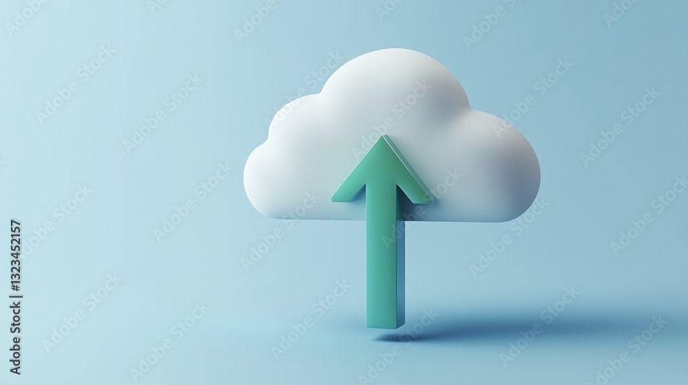 Poster three-dimensional cloud symbol with upward arrow representing data upload or cloud storage concept