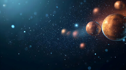 Fototapeta premium Orange Spheres Floating In A Dark Blue Space Background With Sparkling Lights