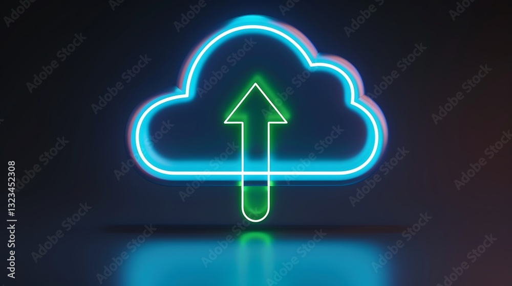 Poster vibrant neon cloud symbol with arrow signifying data upload in a dark background