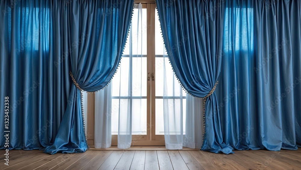 Aufkleber Elegant blue curtains draping over a wooden floor with a soft natural light filtering through a window in a serene and inviting interior setting.
