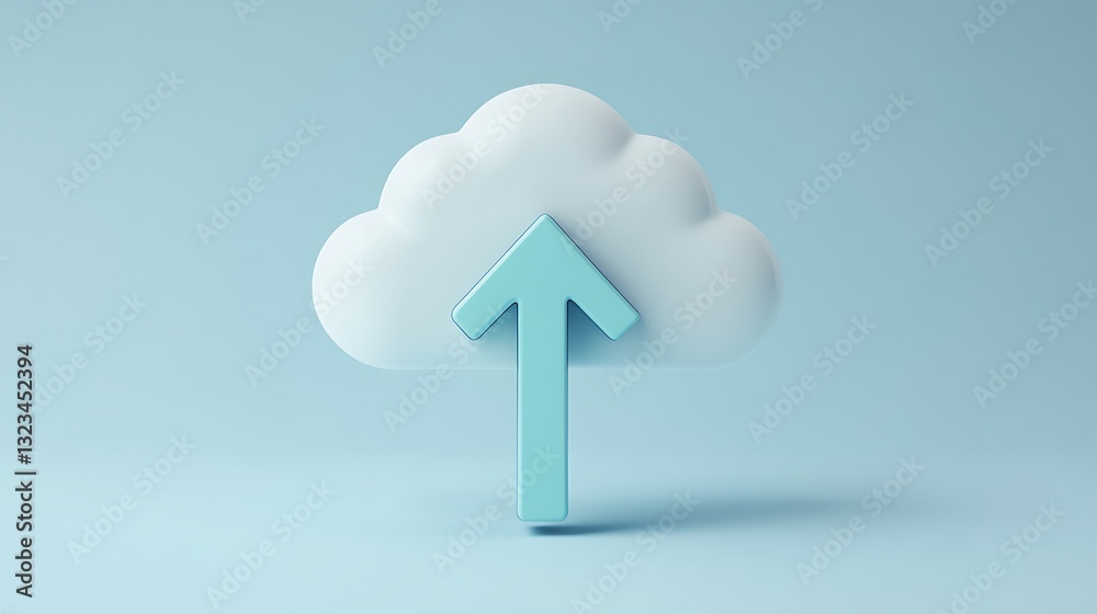 Poster white cloud with an upward facing arrow, representing data transfer and upload process in 3d design