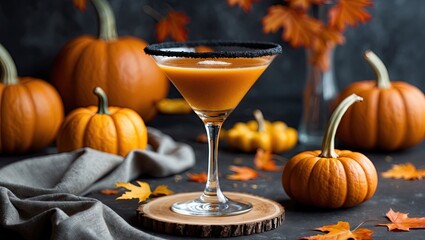 Autumn cocktail featuring a pumpkin martini with a black rim on a wooden slice, surrounded by pumpkins and fall leaves on a dark background.