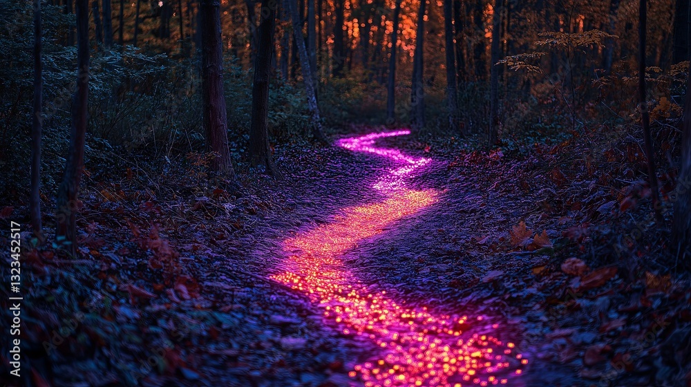 Poster a mystical glowing forest path leading to an unknown destination