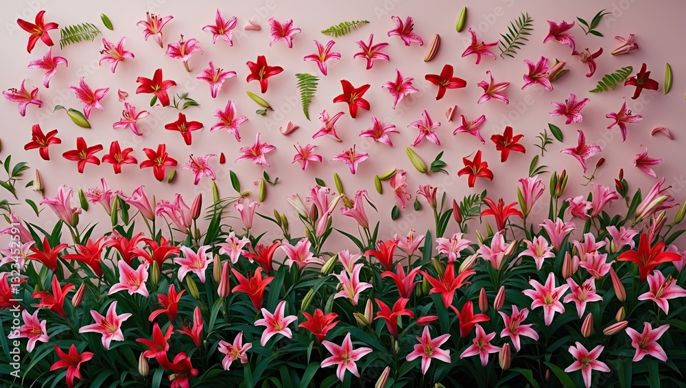 Aufkleber vibrant arrangement of pink and red lilies scattered against a soft pastel backdrop with lush green 