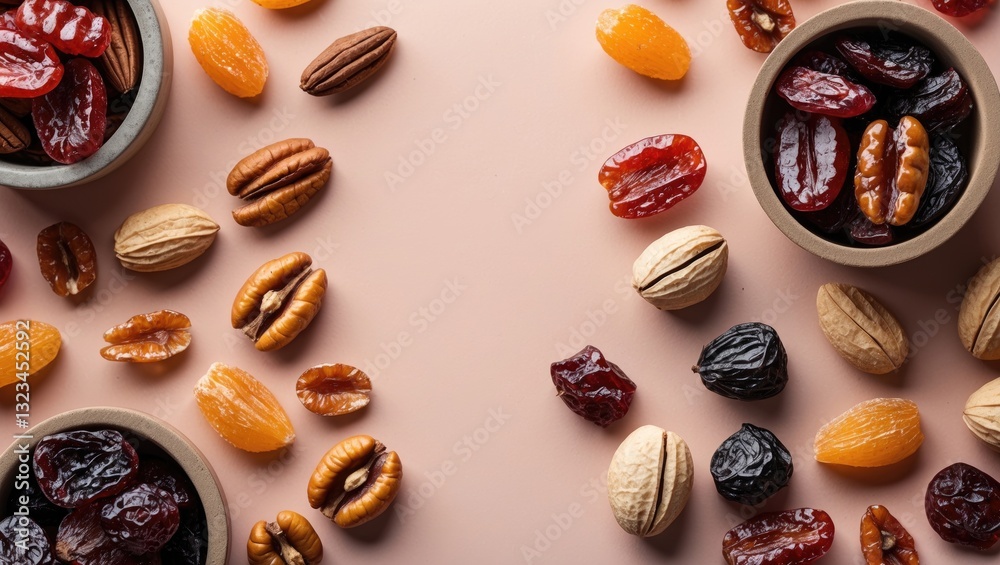 Aufkleber high angle view of assorted candied nuts and dried fruits in beige bowls on soft pastel pink backgro