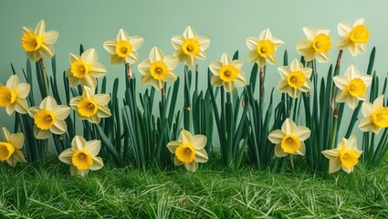 Fototapeta premium Vibrant yellow daffodils in full bloom against a soft pastel green background with lush green grass framed in a horizontal arrangement.