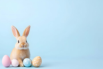Obraz premium Adorable baby bunny with Easter eggs on pastel background