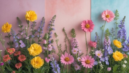 Vibrant summer flowers in shades of yellow, pink, and purple against a pastel pink and blue background, creating a cheerful garden scene.