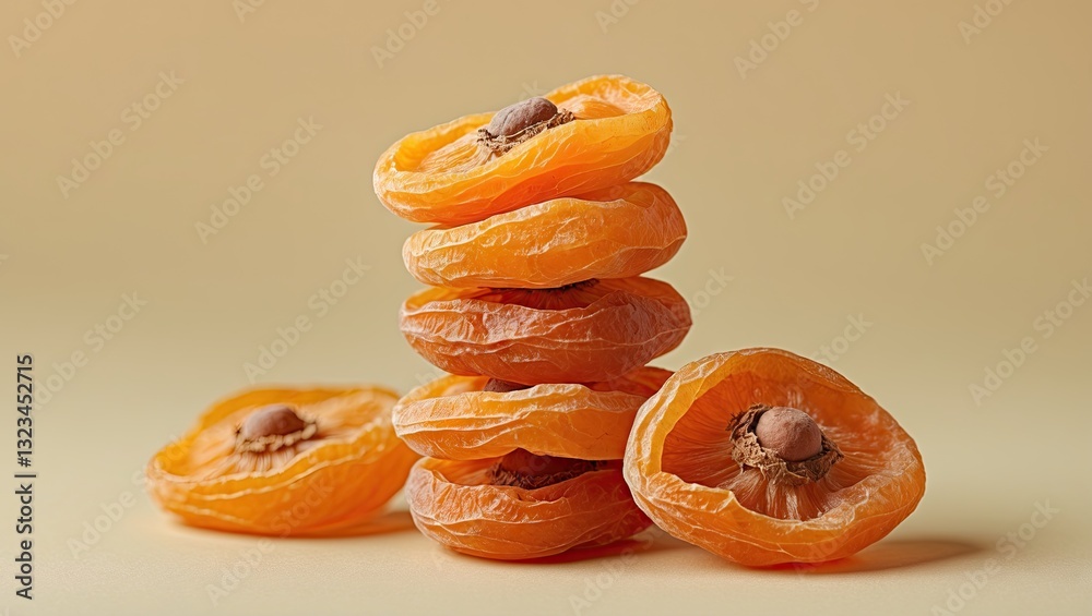 Poster dried apricots stacked in a vertical arrangement with a smooth yellow pastel background showcasing t