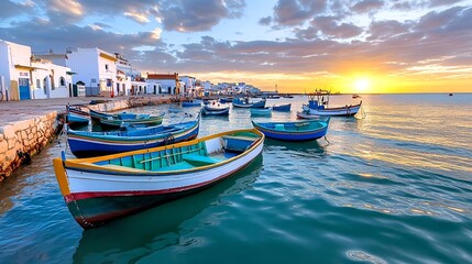 Fototapeta premium Colorful Fishing Boats at Sunset, Coastal Town - Golden Hour/Sunset.